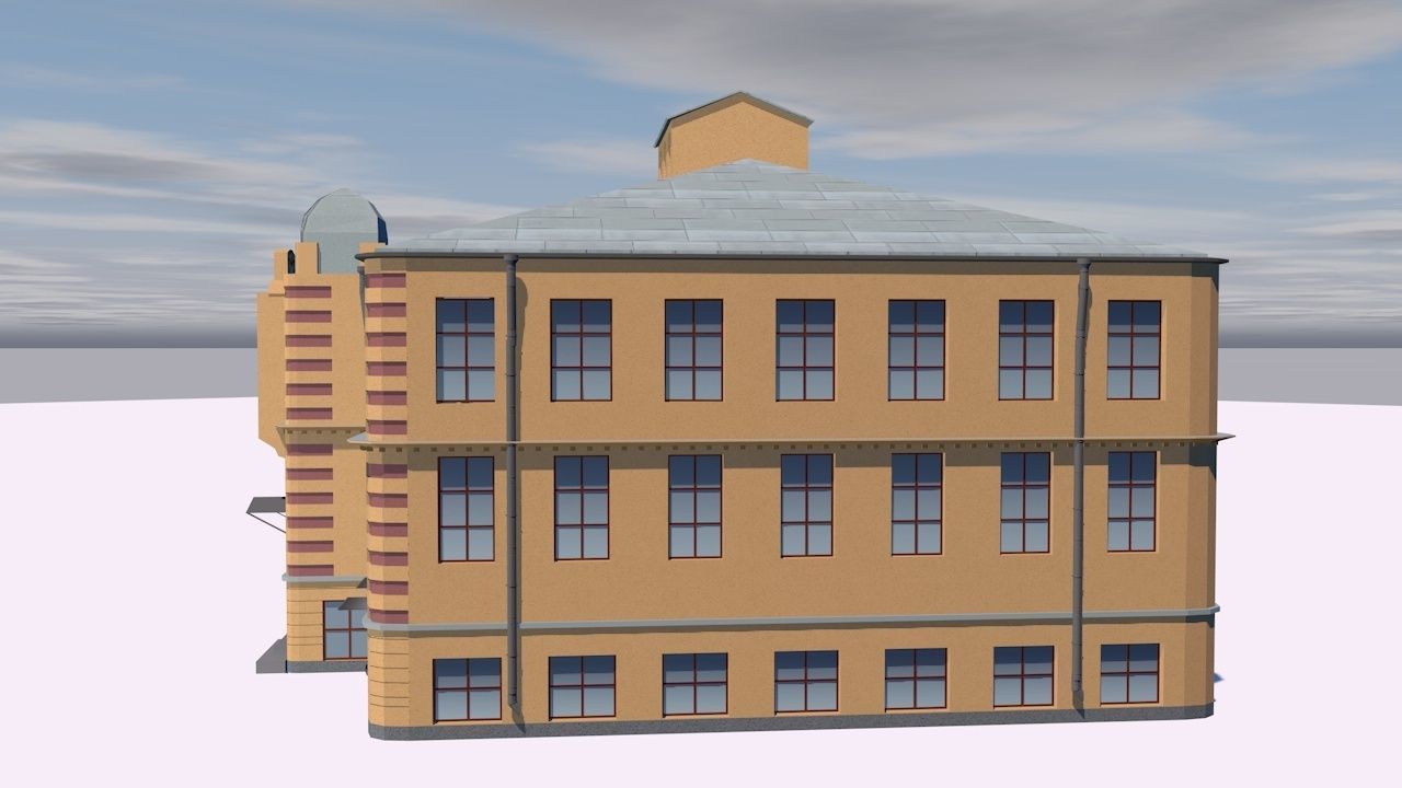 Hotel building on cloudy day Low-poly 3D model_1
