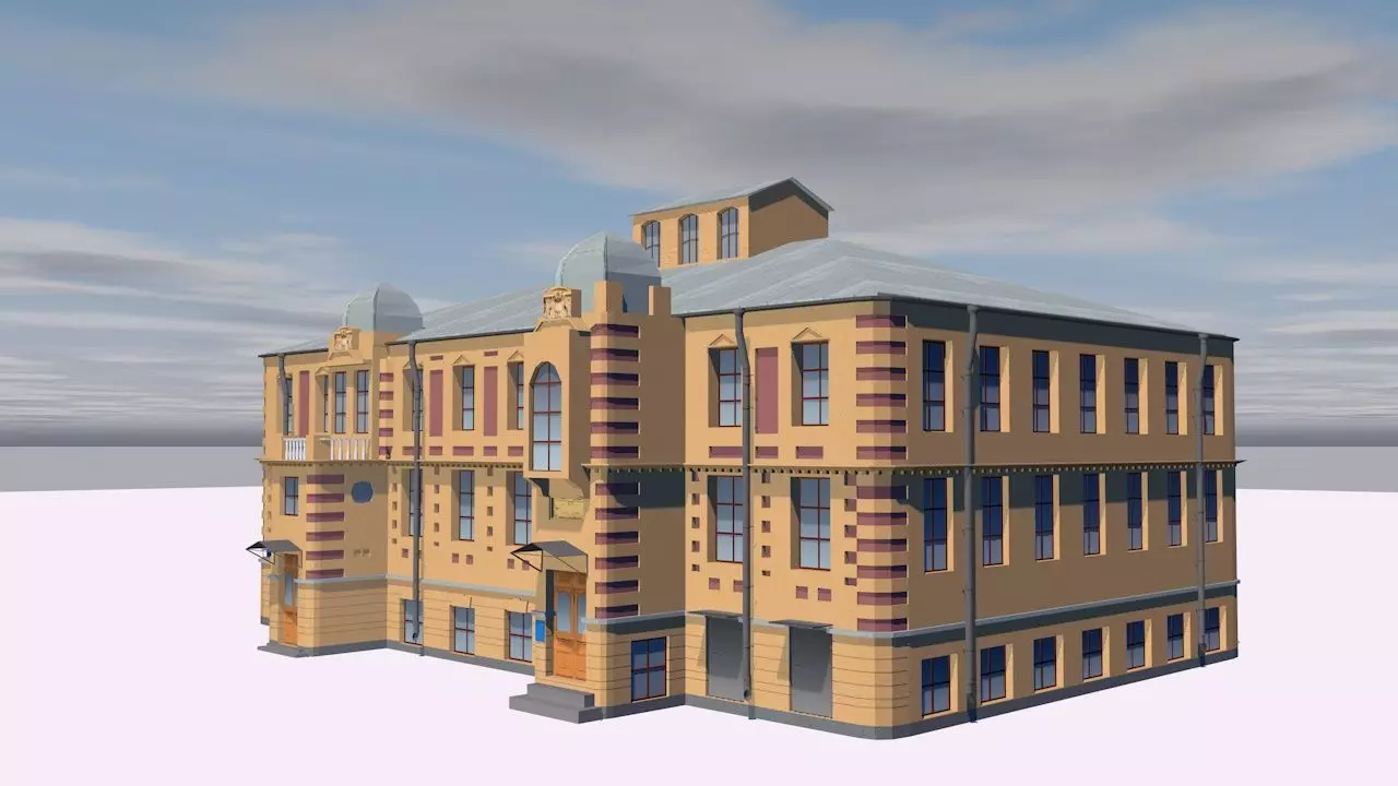Hotel building on cloudy day Low-poly 3D model_0