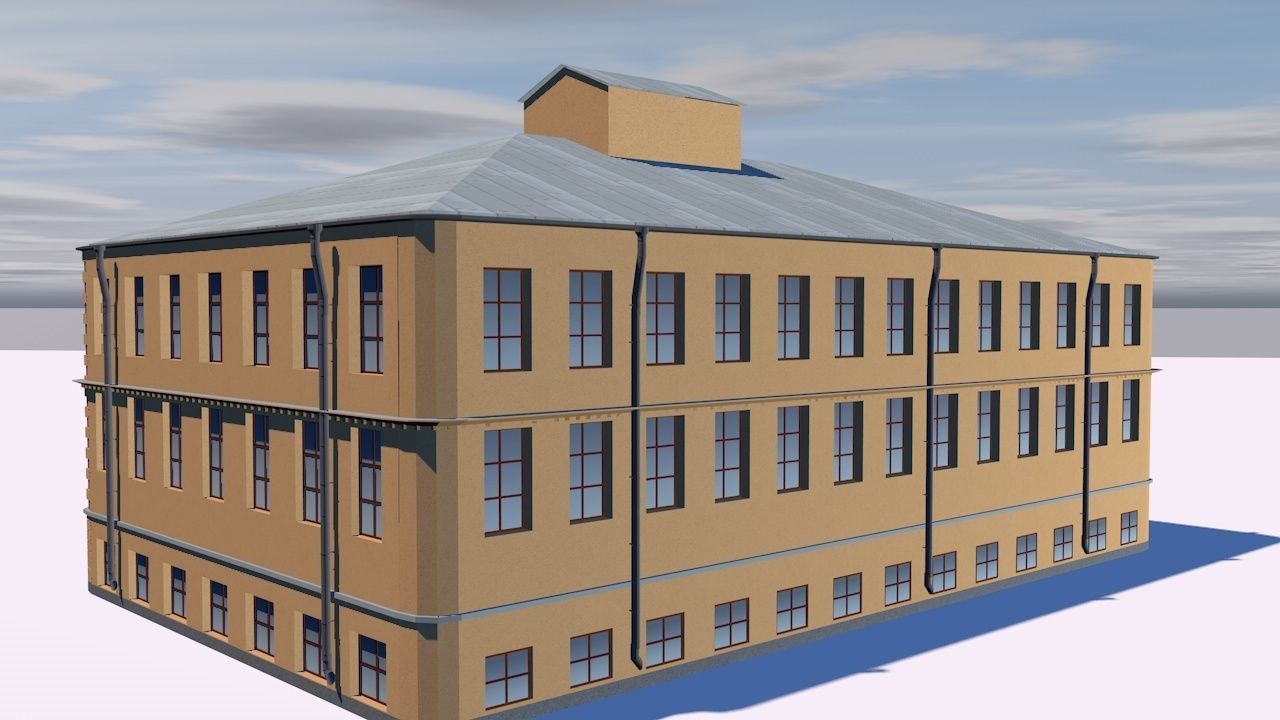 Hotel building on cloudy day Low-poly 3D model_2
