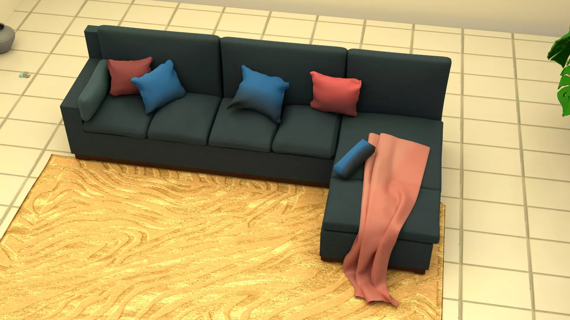 L-shaped Couch with pillows and throw Low-poly 3D model