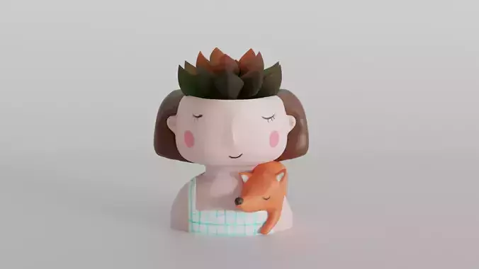 Charming Girl Planter with Sleeping Fox Design 3D print model