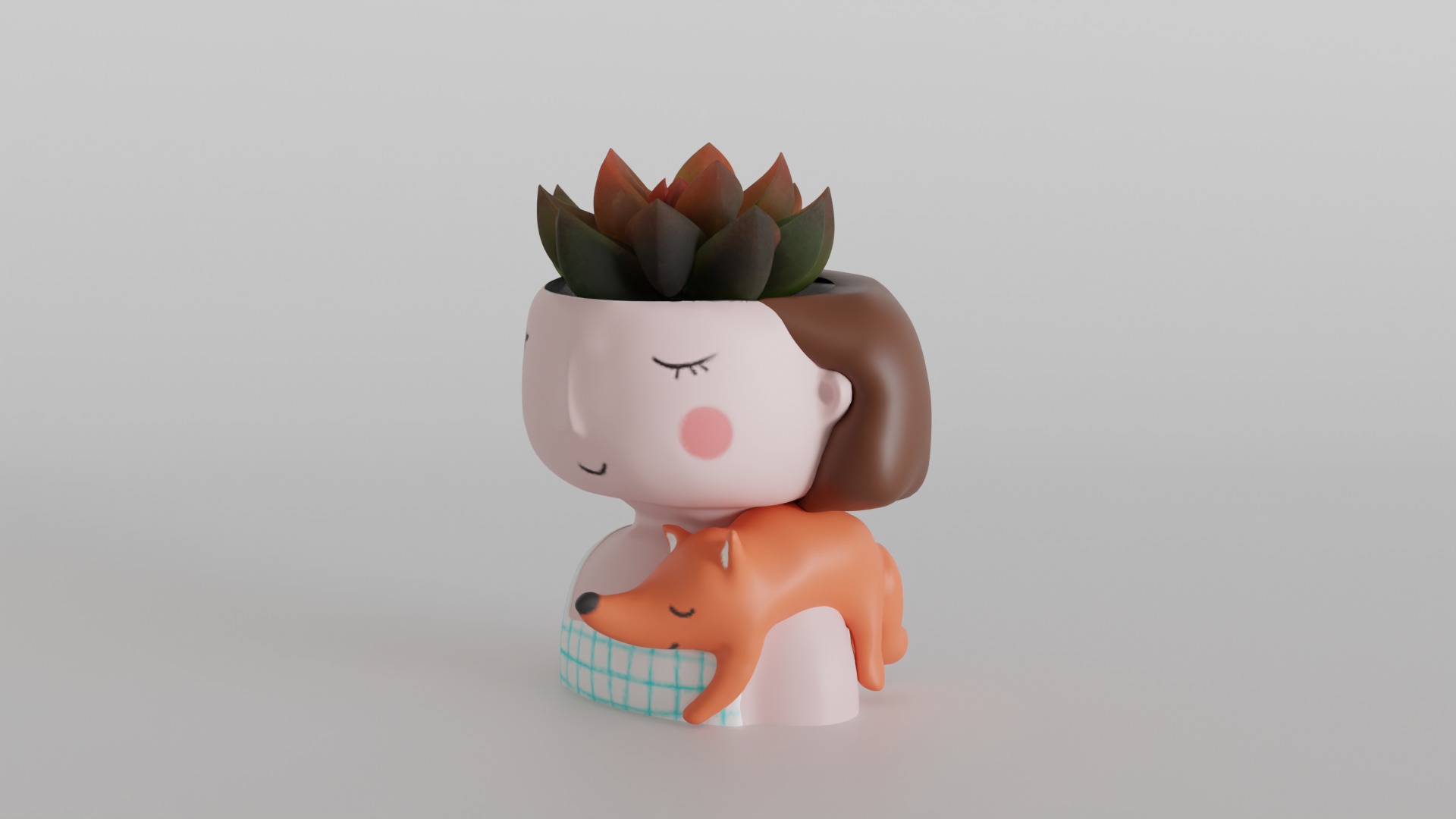 Charming Girl Planter with Sleeping Fox Design 3D print model_7