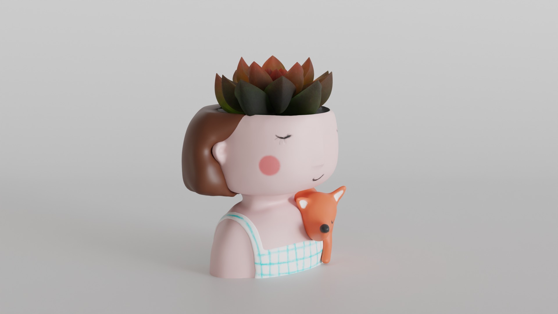 Charming Girl Planter with Sleeping Fox Design 3D print model_1
