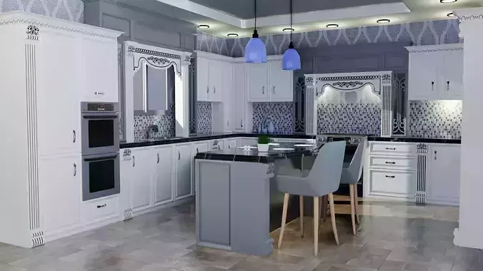 kitchen 3d model with cabinets and accents