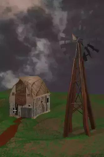 Windmill and small barn scene