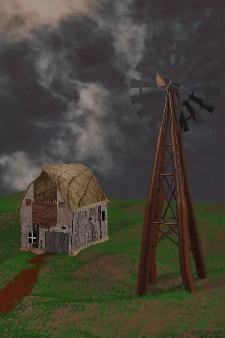 Windmill and small barn scene 3D model_0