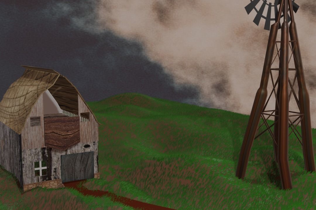Windmill and small barn scene 3D model_2