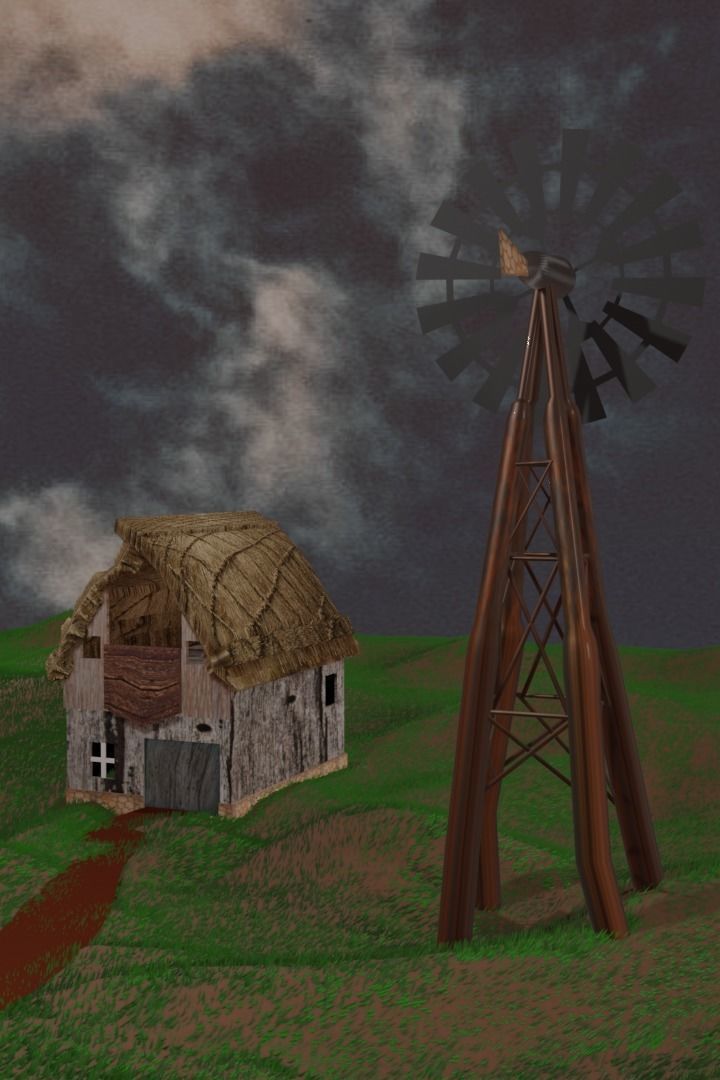 Windmill and small barn scene 3D model_1