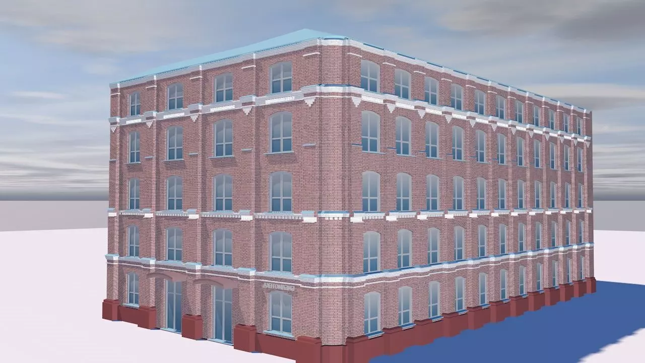 Office brick building with windows Low-poly 3D model_0