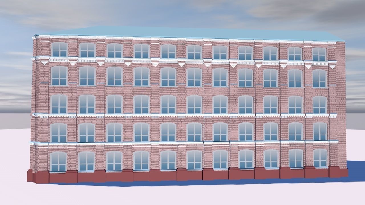 Office brick building with windows Low-poly 3D model_1
