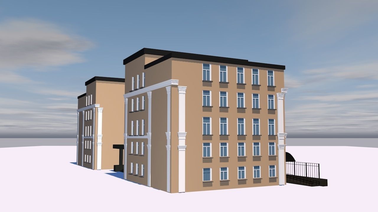 Hotel school building on cloudy day Low-poly 3D model_1