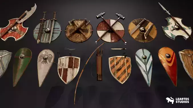 Medieval Viking Weapons and Shields Set Low-poly 3D model
