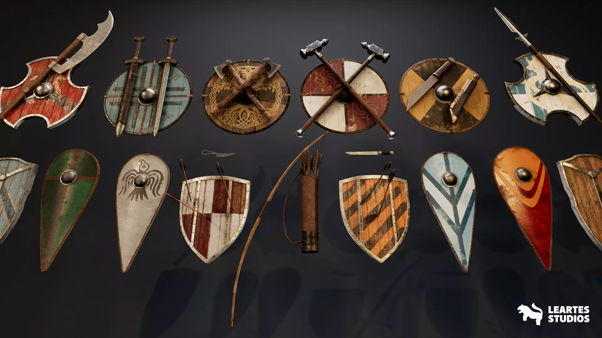 Medieval Viking Weapons and Shields Set Low-poly 3D model_0