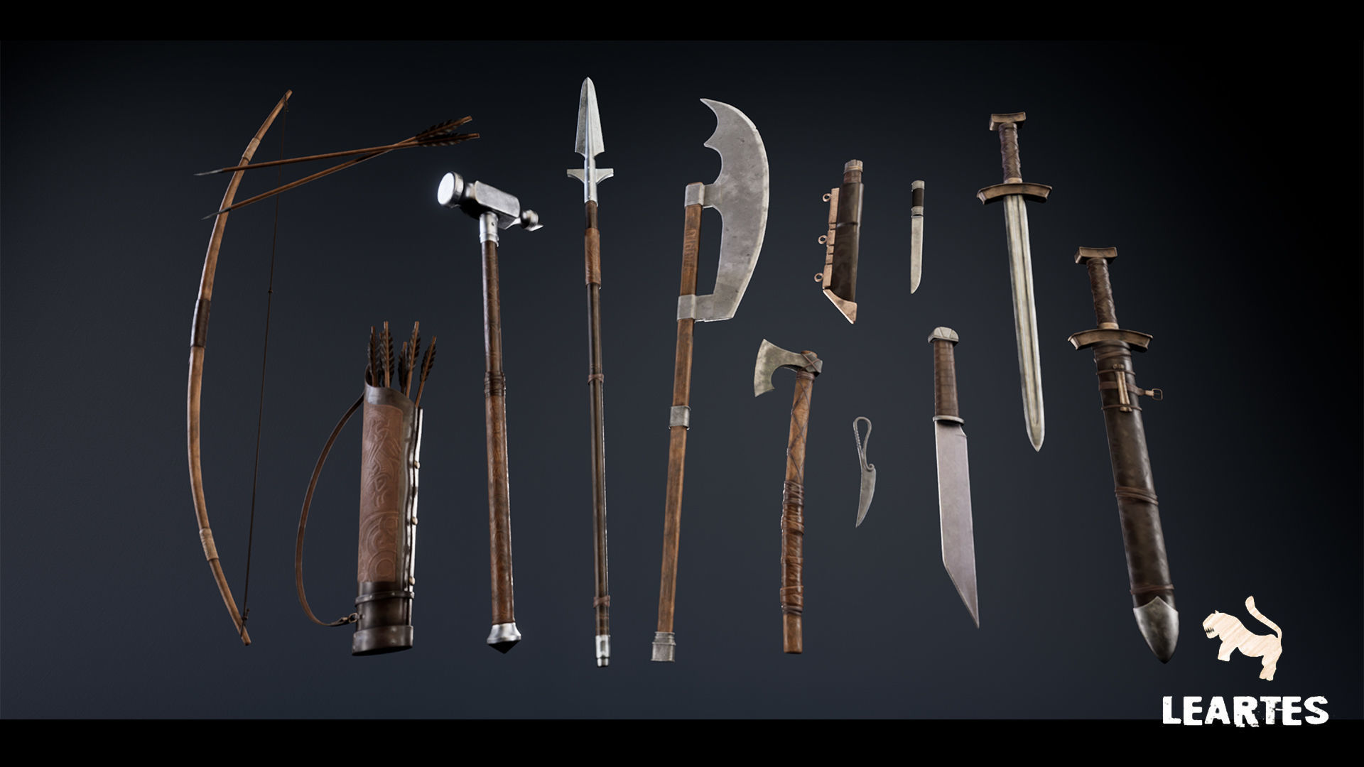 Medieval Viking Weapons and Shields Set Low-poly 3D model_1