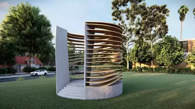 pavilion 3d model sculpture in middle of grassy area