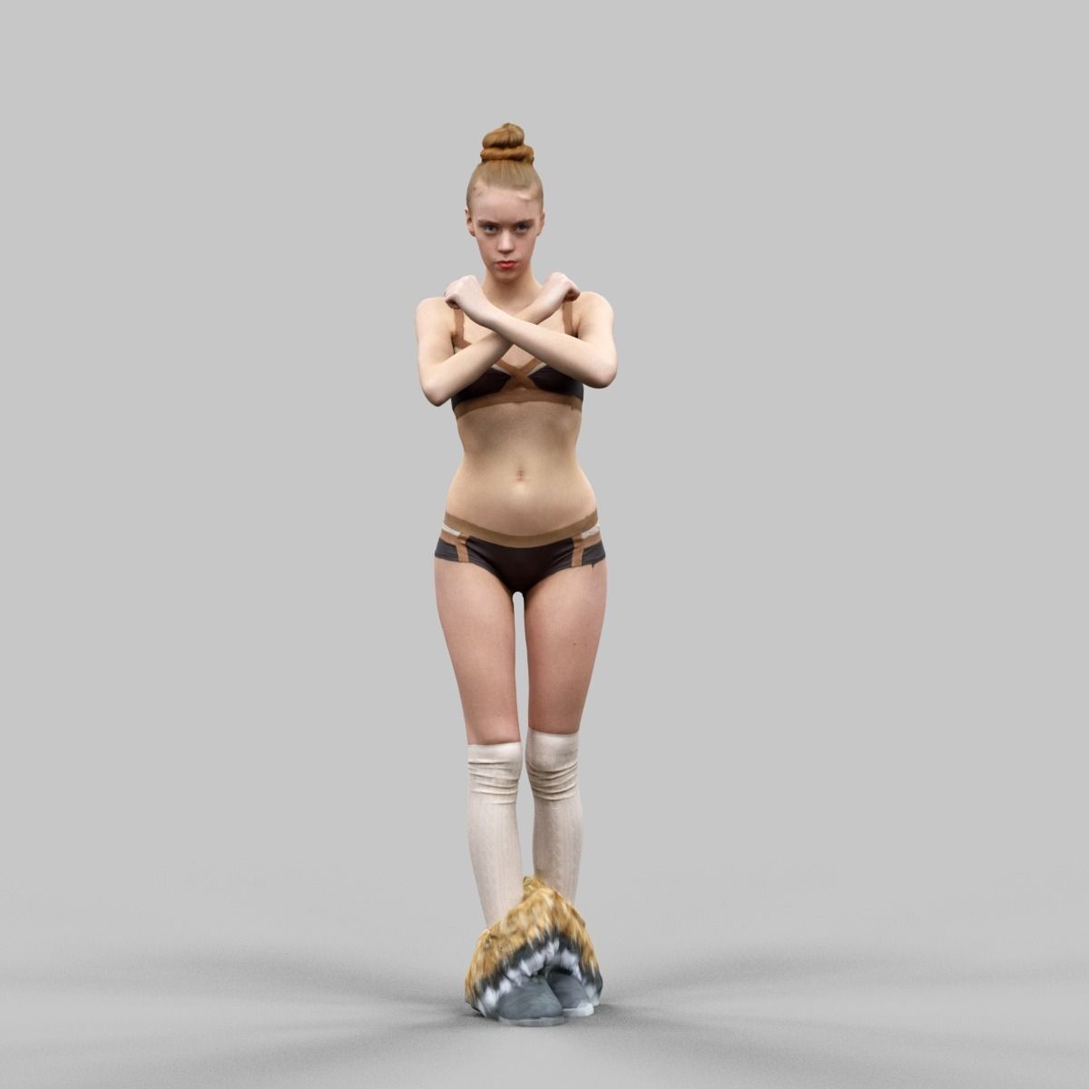 Girl in Brown Beige Bikini and Fluffy Boots Crossing Arms Low-poly 3D model_1