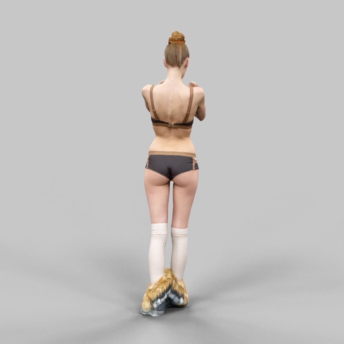 Girl in Brown Beige Bikini and Fluffy Boots Crossing Arms Low-poly 3D model_4