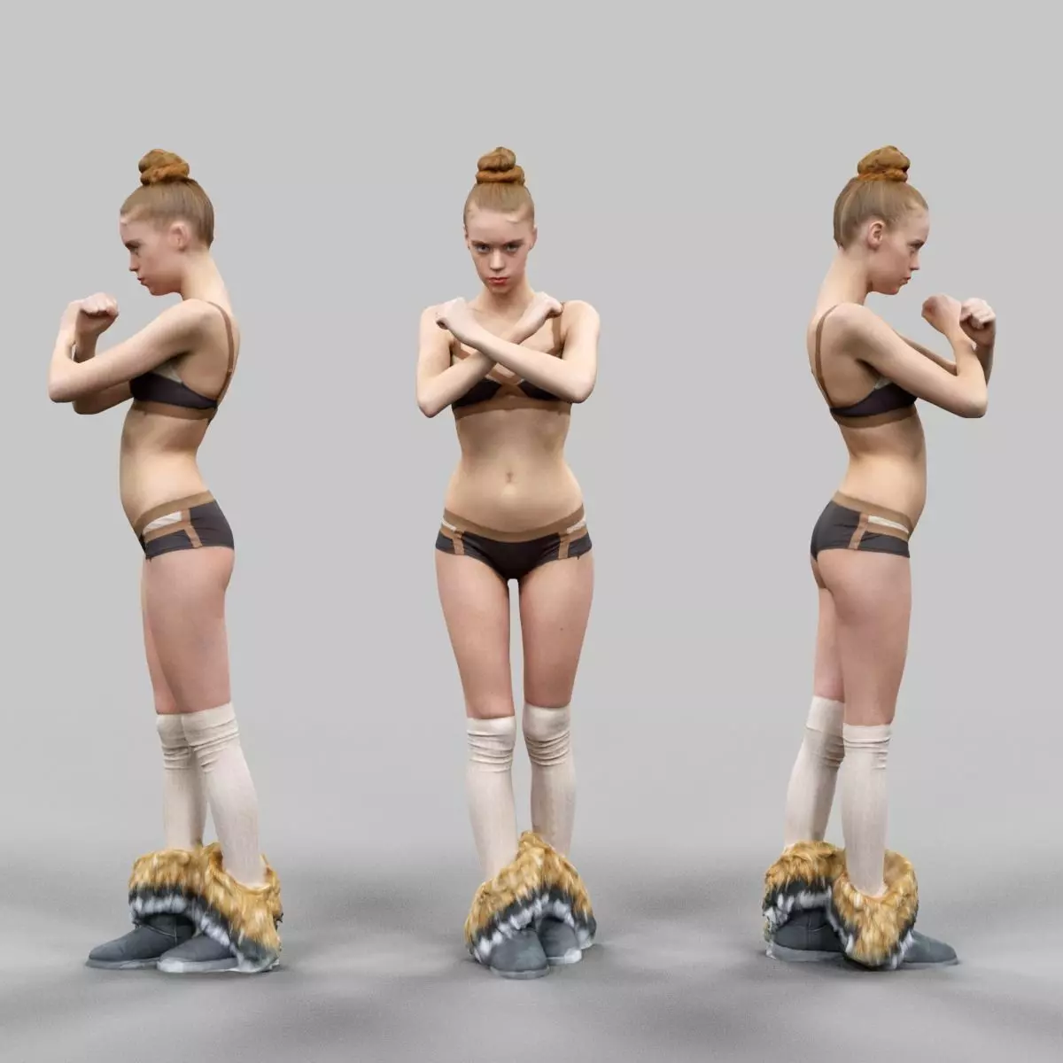 Girl in Brown Beige and Fluffy Boots Crossing Arms Low-poly 3D model