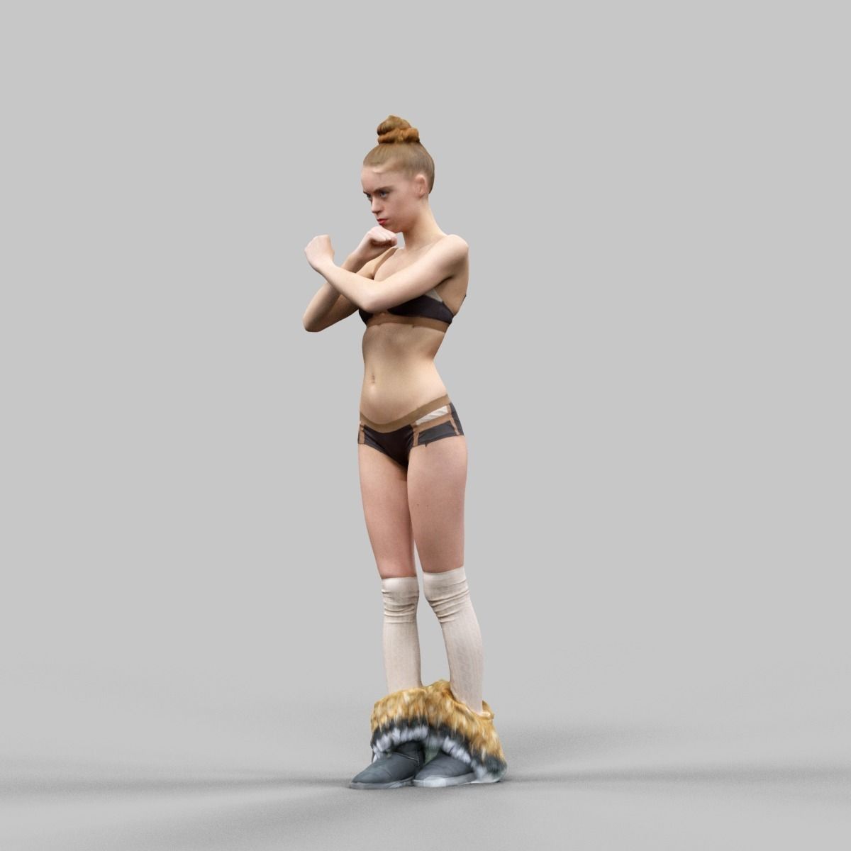Girl in Brown Beige Bikini and Fluffy Boots Crossing Arms Low-poly 3D model_5