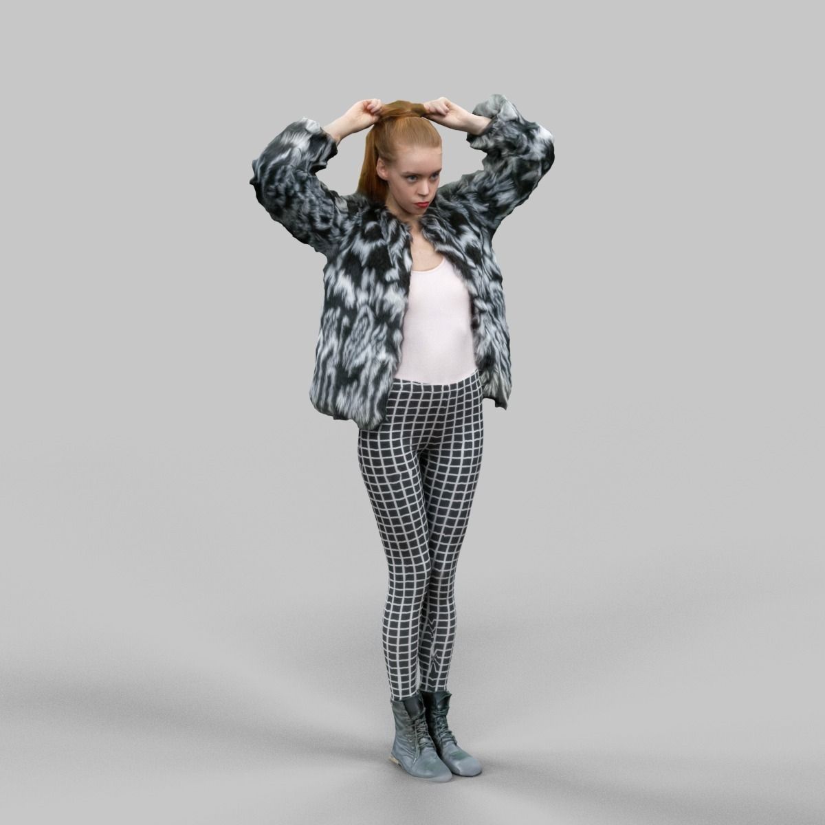 Girl in Fluffy Black and white jacket Square Design Leggins and  Low-poly 3D model_4