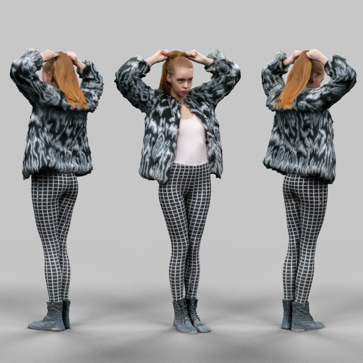 Girl in Fluffy Black and white jacket Square Design Leggins and  Low-poly 3D model_0