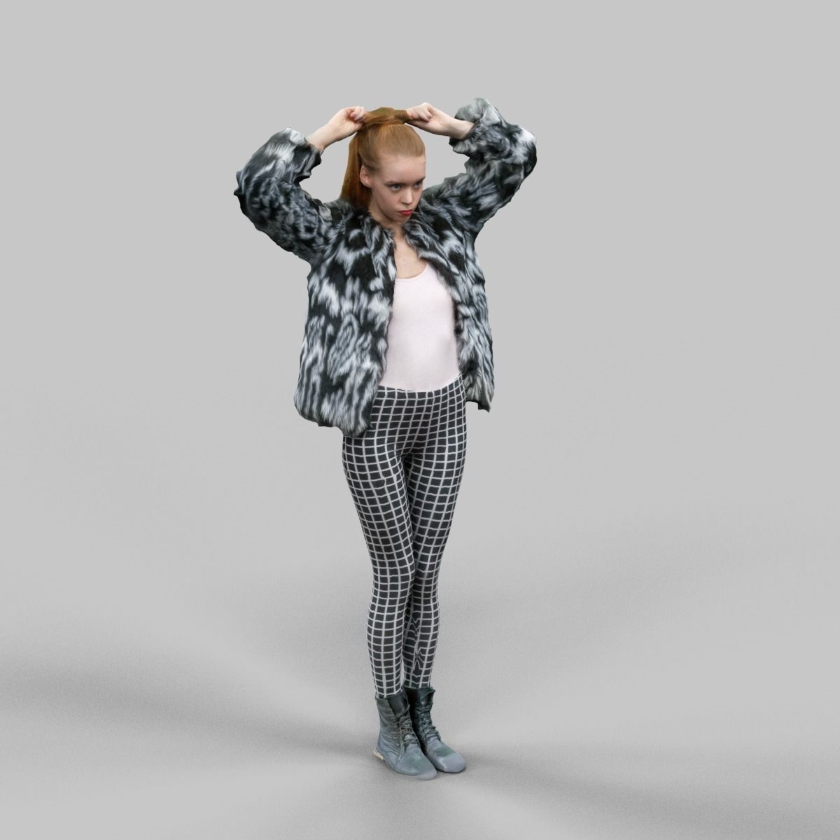 Girl in Fluffy Black and white jacket Square Design Leggins and  Low-poly 3D model_2