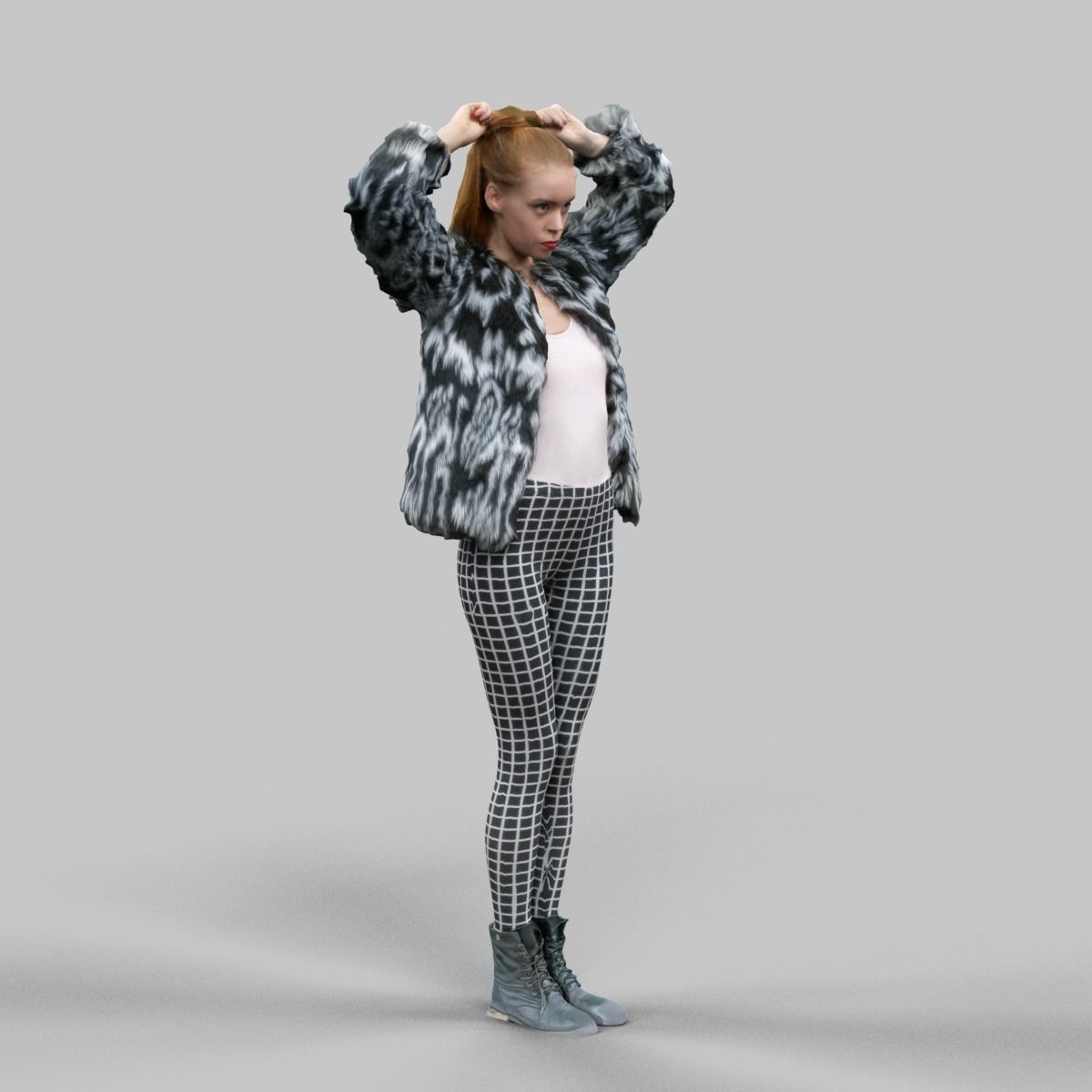 Girl in Fluffy Black and white jacket Square Design Leggins and  Low-poly 3D model_1