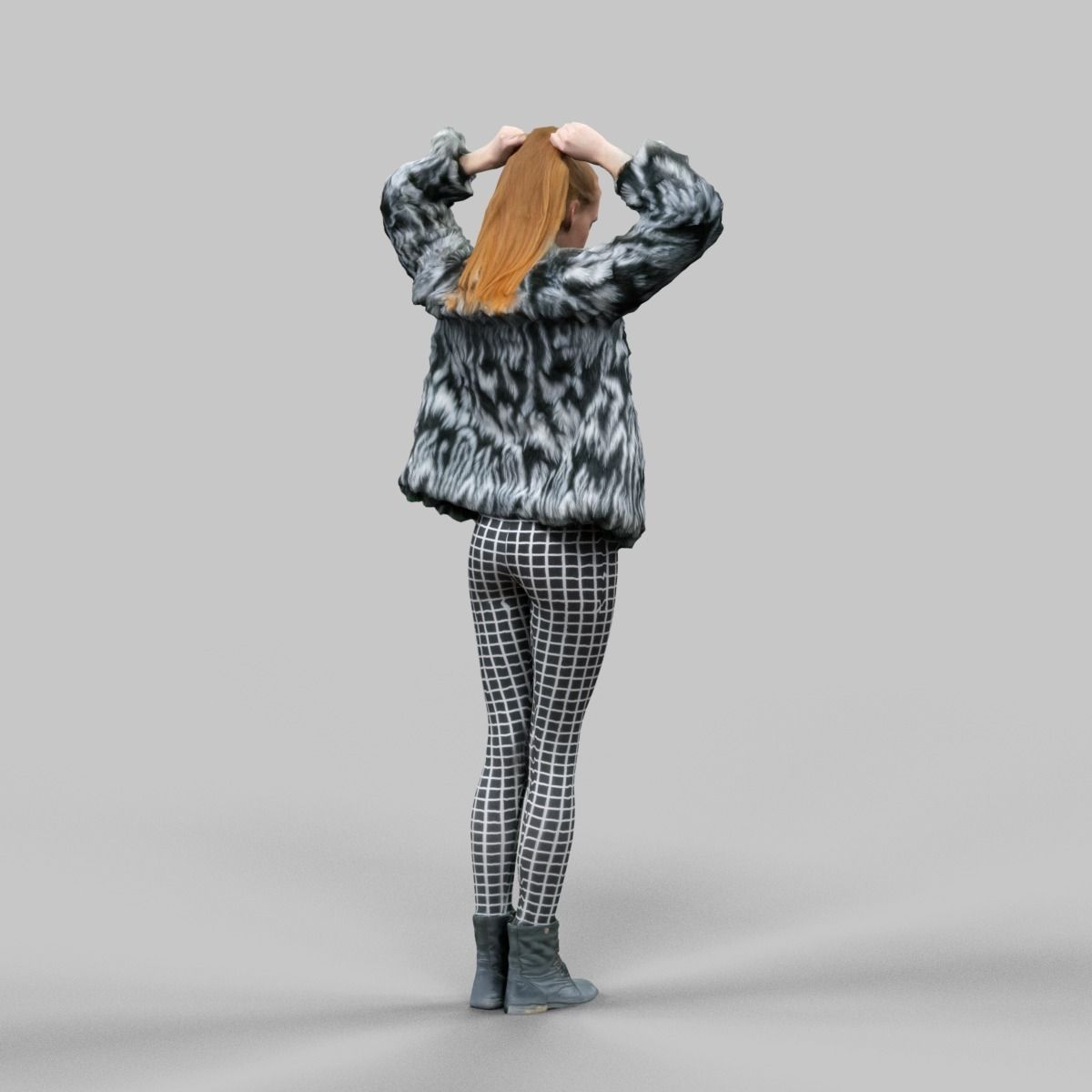 Girl in Fluffy Black and white jacket Square Design Leggins and  Low-poly 3D model_5