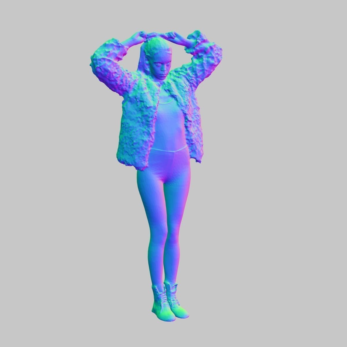 Girl in Fluffy Black and white jacket Square Design Leggins and  Low-poly 3D model_6