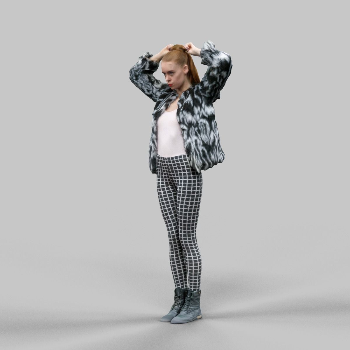 Girl in Fluffy Black and white jacket Square Design Leggins and  Low-poly 3D model_3