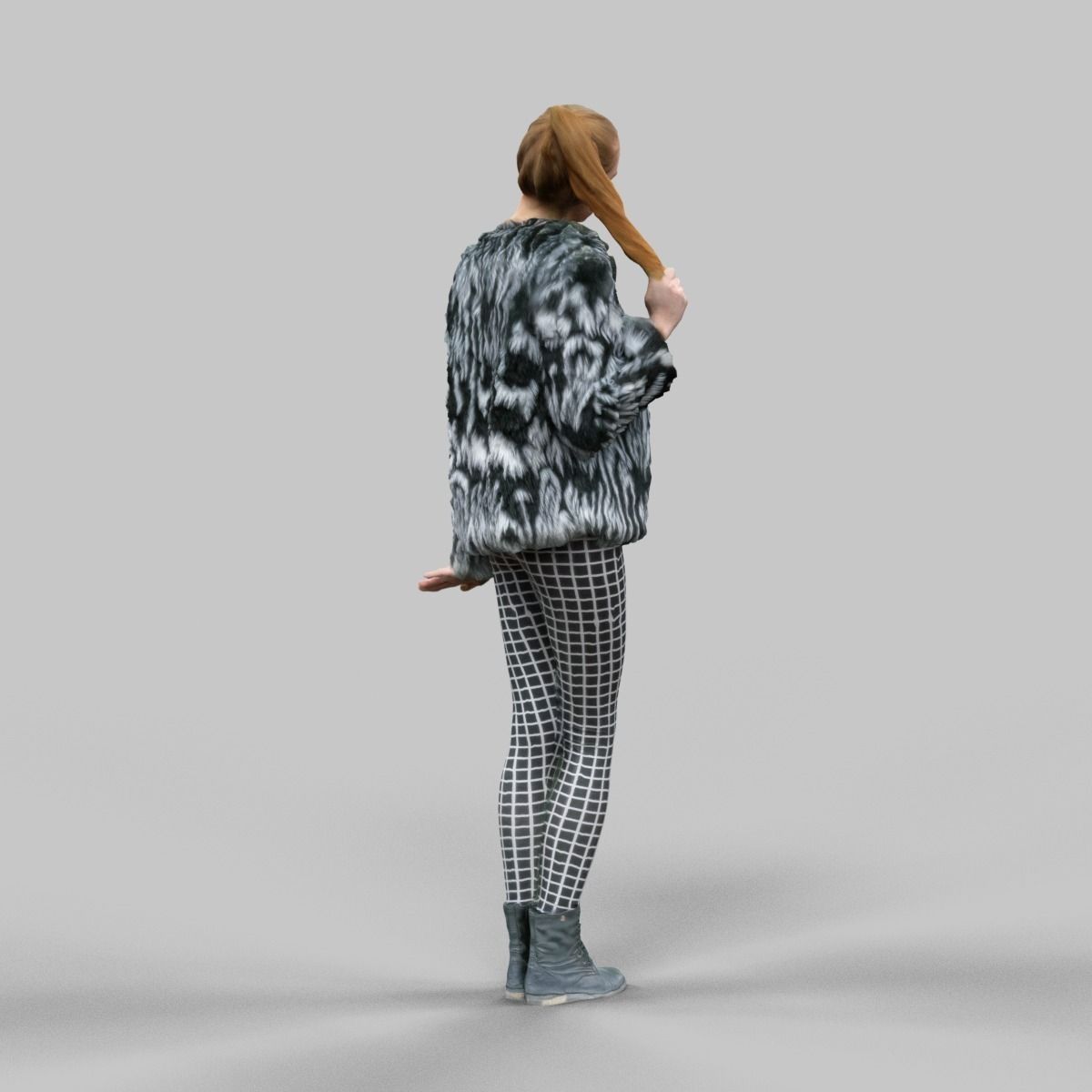 Girl in Fluffy Black and white jacket Square Design Legging Low-poly 3D model_4