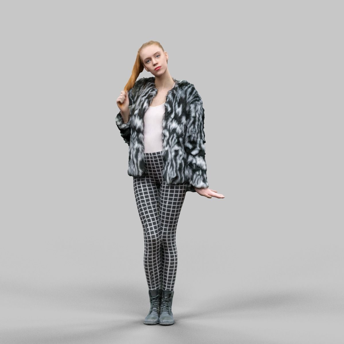Girl in Fluffy Black and white jacket Square Design Legging Low-poly 3D model_1