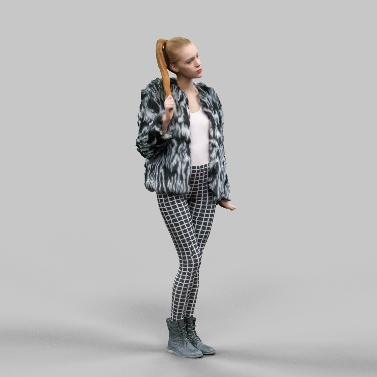 Girl in Fluffy Black and white jacket Square Design Legging Low-poly 3D model_5