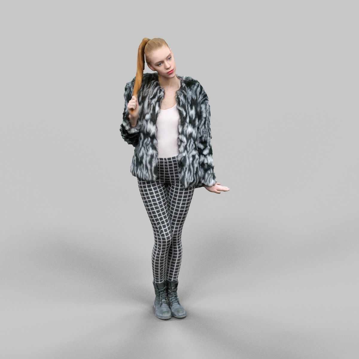 Girl in Fluffy Black and white jacket Square Design Legging Low-poly 3D model_2