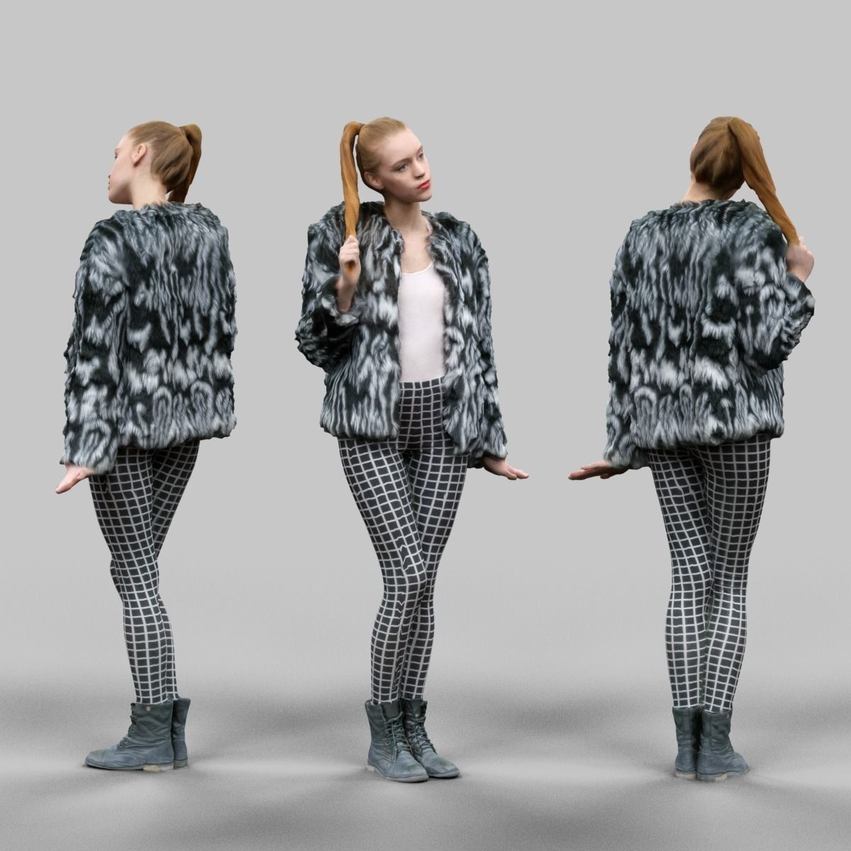 Girl in Fluffy Black and white jacket Square Design Legging Low-poly 3D model_0