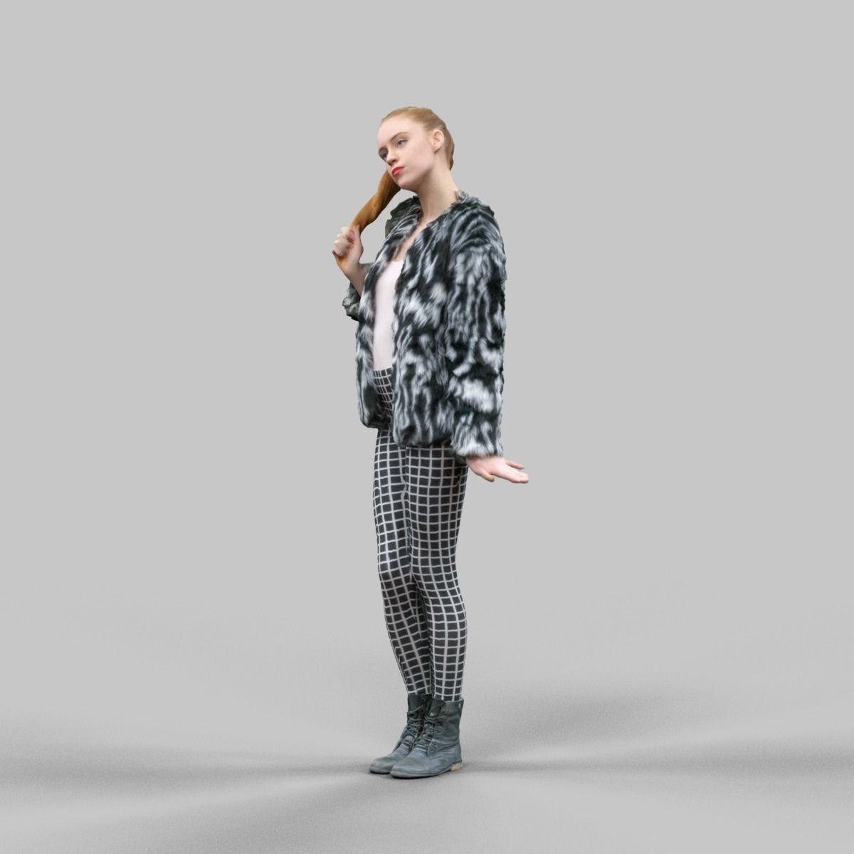 Girl in Fluffy Black and white jacket Square Design Legging Low-poly 3D model_3