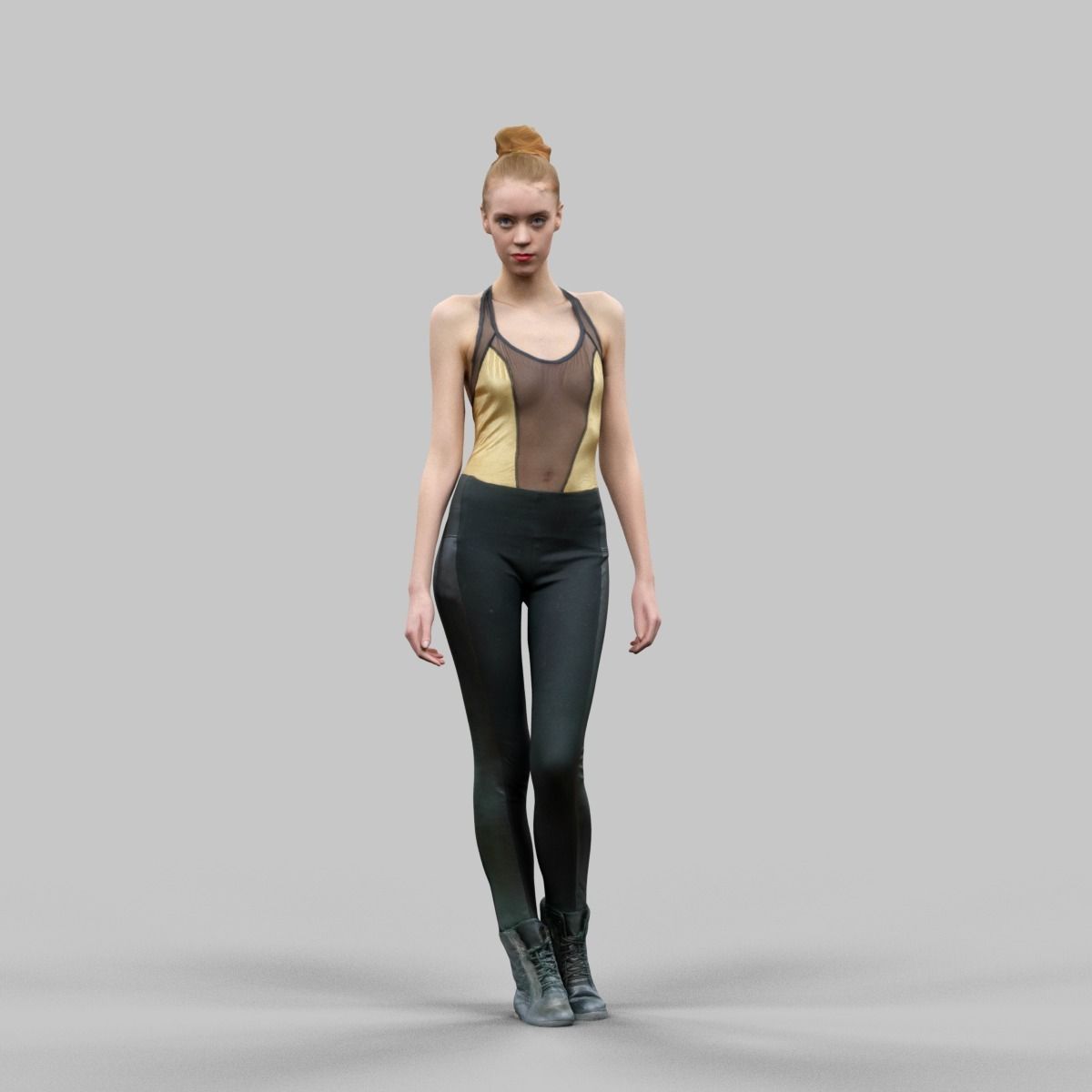 Girl in Golden Swimsuit Shiny Legging and Boots Low-poly 3D model_1