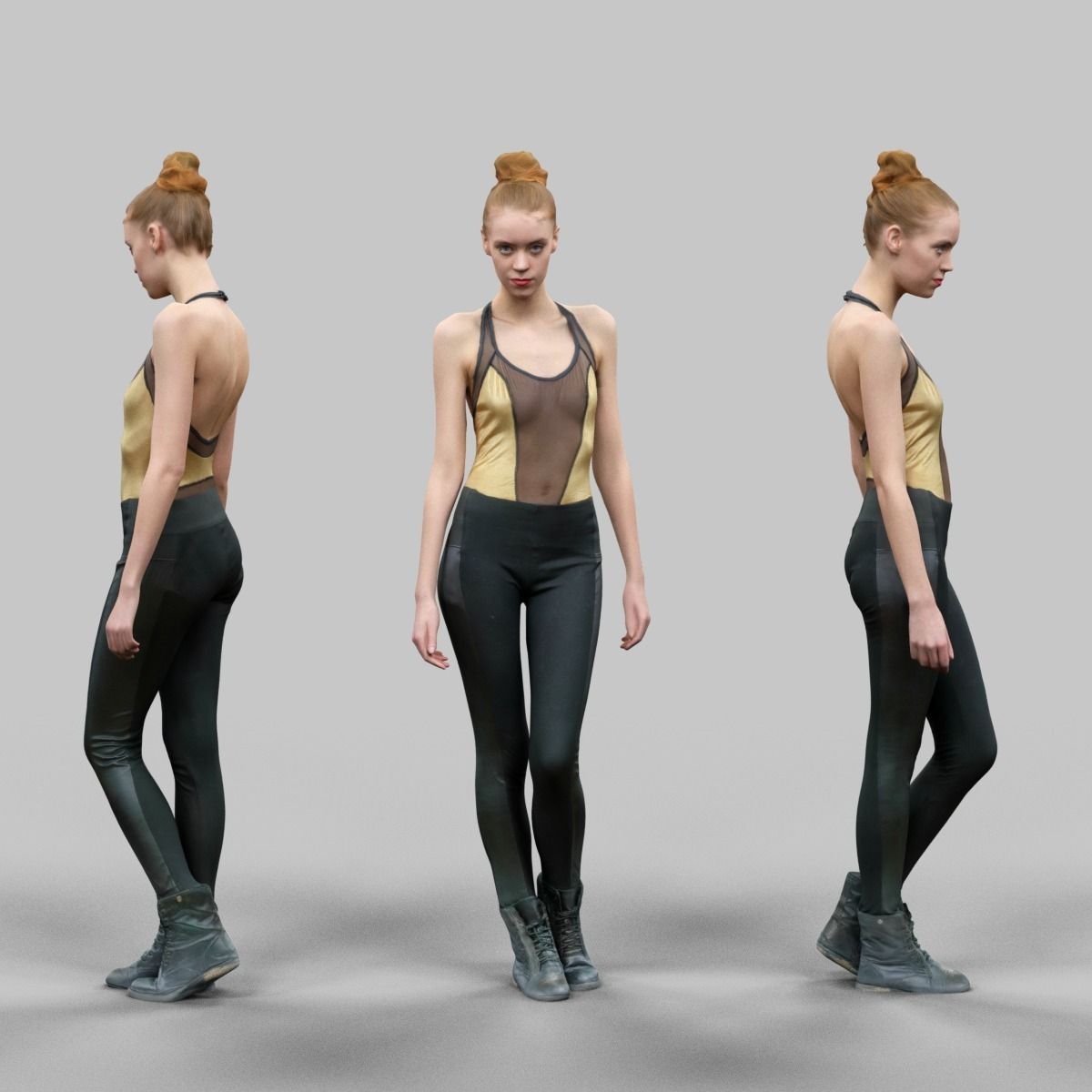 Girl in Golden Swimsuit Shiny Legging and Boots Low-poly 3D model_0
