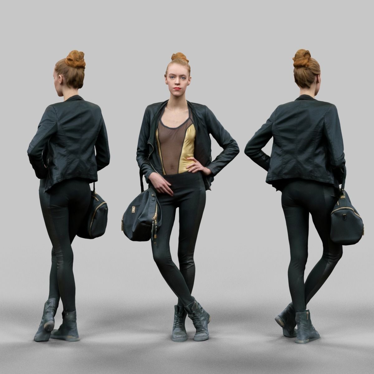 Girl in Golden Swimsuit Shiny Legging and Boots with Bag and Jac Low-poly 3D model