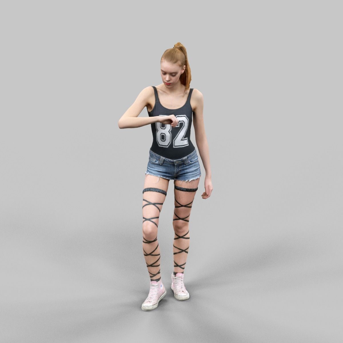 Girl in Jeans Short Strings and 82 Tshirt Posed Looking Watch Low-poly 3D model_4