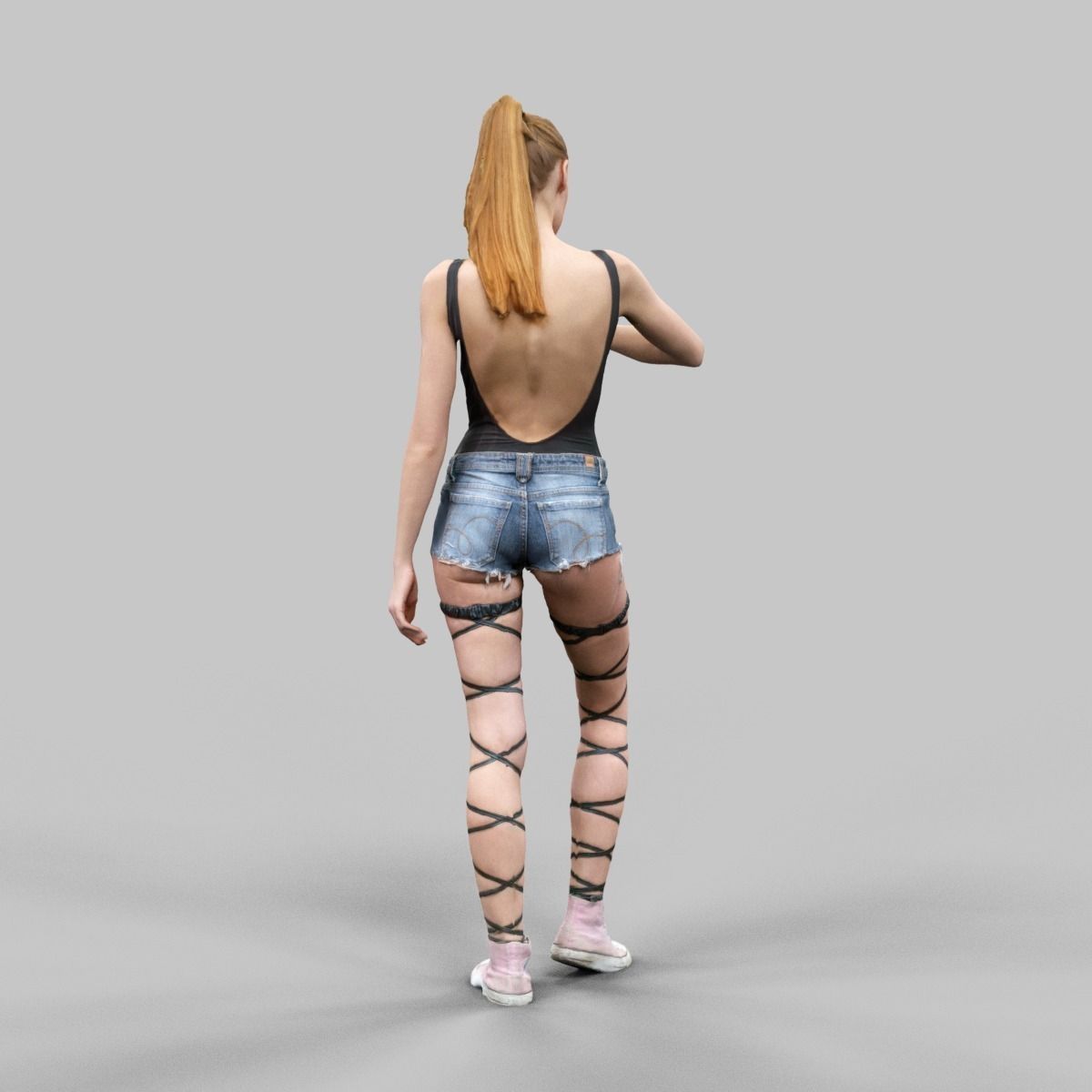 Girl in Jeans Short Strings and 82 Tshirt Posed Looking Watch Low-poly 3D model_5