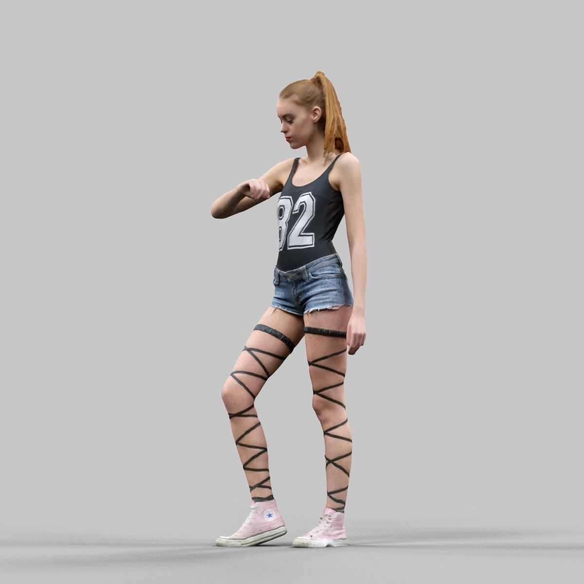 Girl in Jeans Short Strings and 82 Tshirt Posed Looking Watch Low-poly 3D model_2