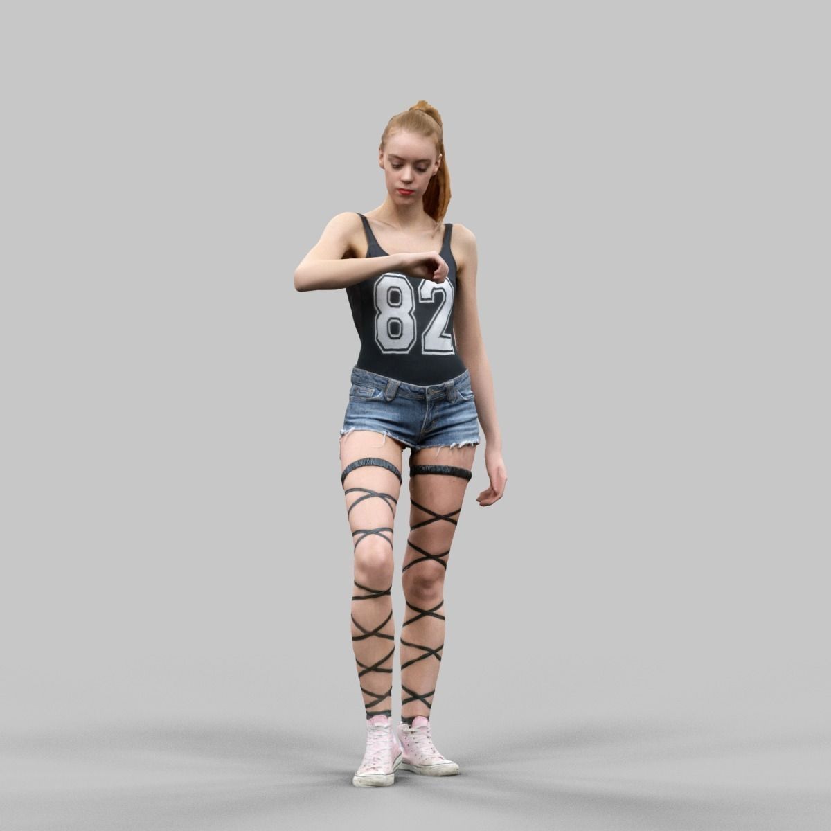 Girl in Jeans Short Strings and 82 Tshirt Posed Looking Watch Low-poly 3D model_1