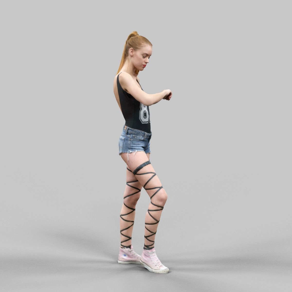 Girl in Jeans Short Strings and 82 Tshirt Posed Looking Watch Low-poly 3D model_3