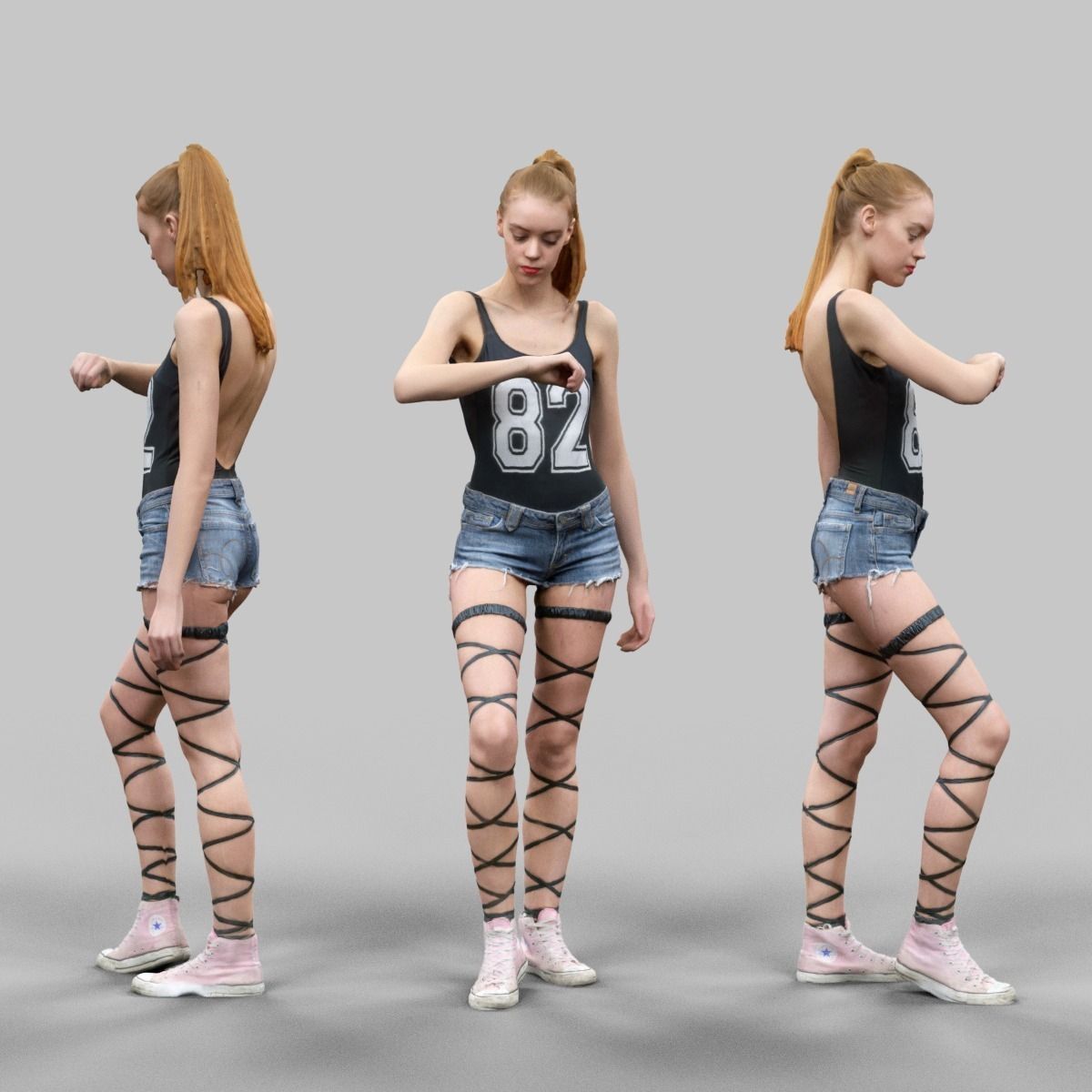 Girl in Jeans Short Strings and 82 Tshirt Posed Looking Watch Low-poly 3D model_0