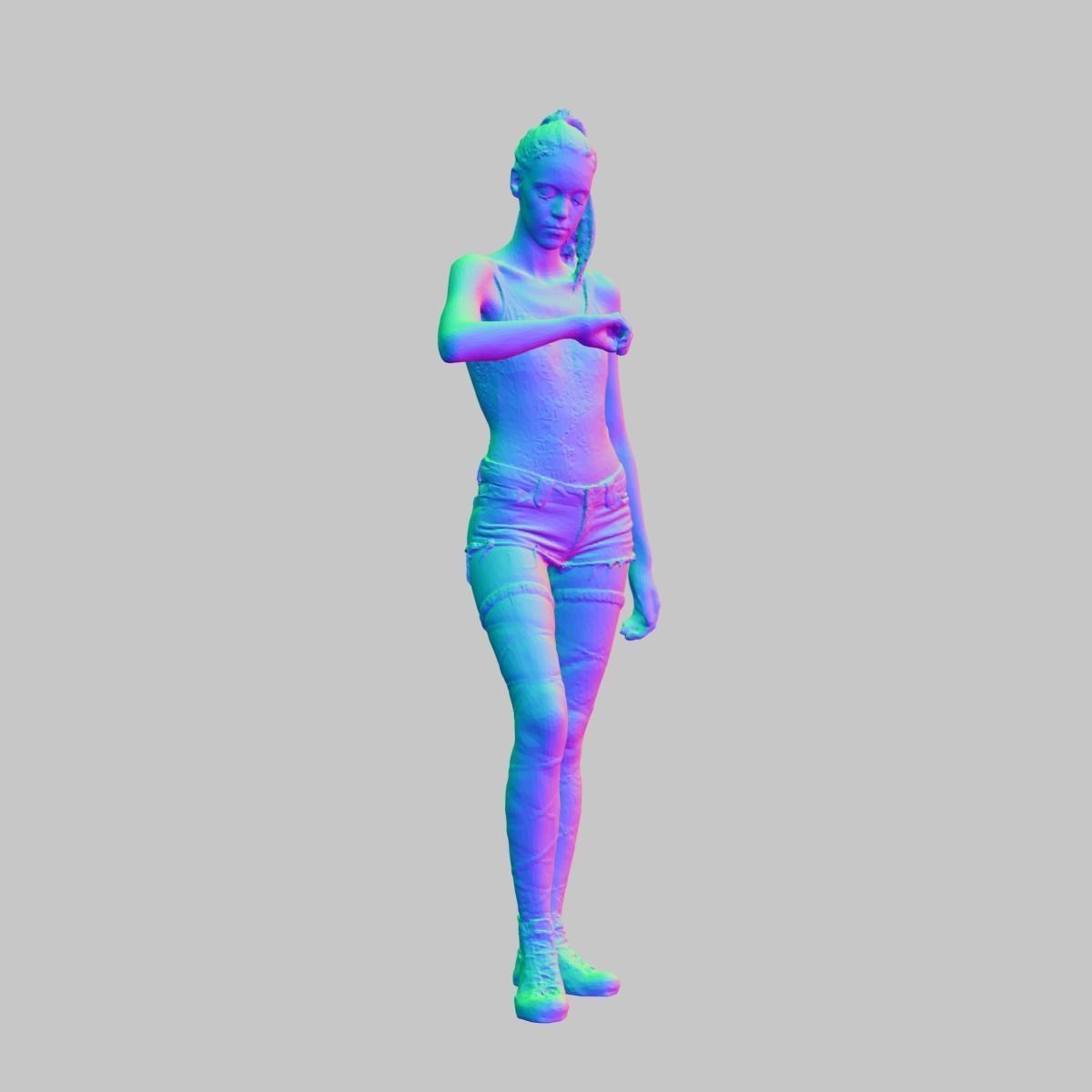 Girl in Jeans Short Strings and 82 Tshirt Posed Looking Watch Low-poly 3D model_6