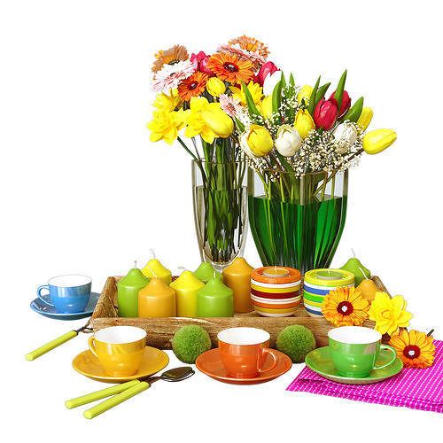 A set of dishes with a bouquet of gerberas and peons 3D model