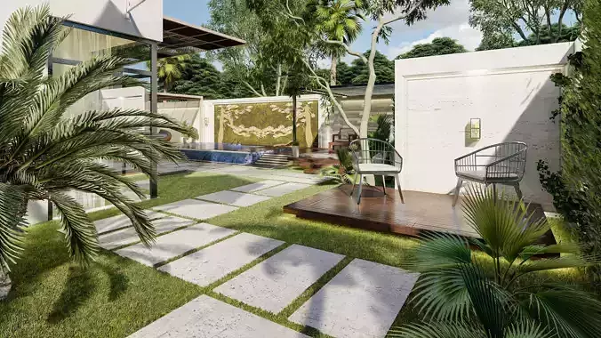 luxury backyard design with swimming pool 3D model