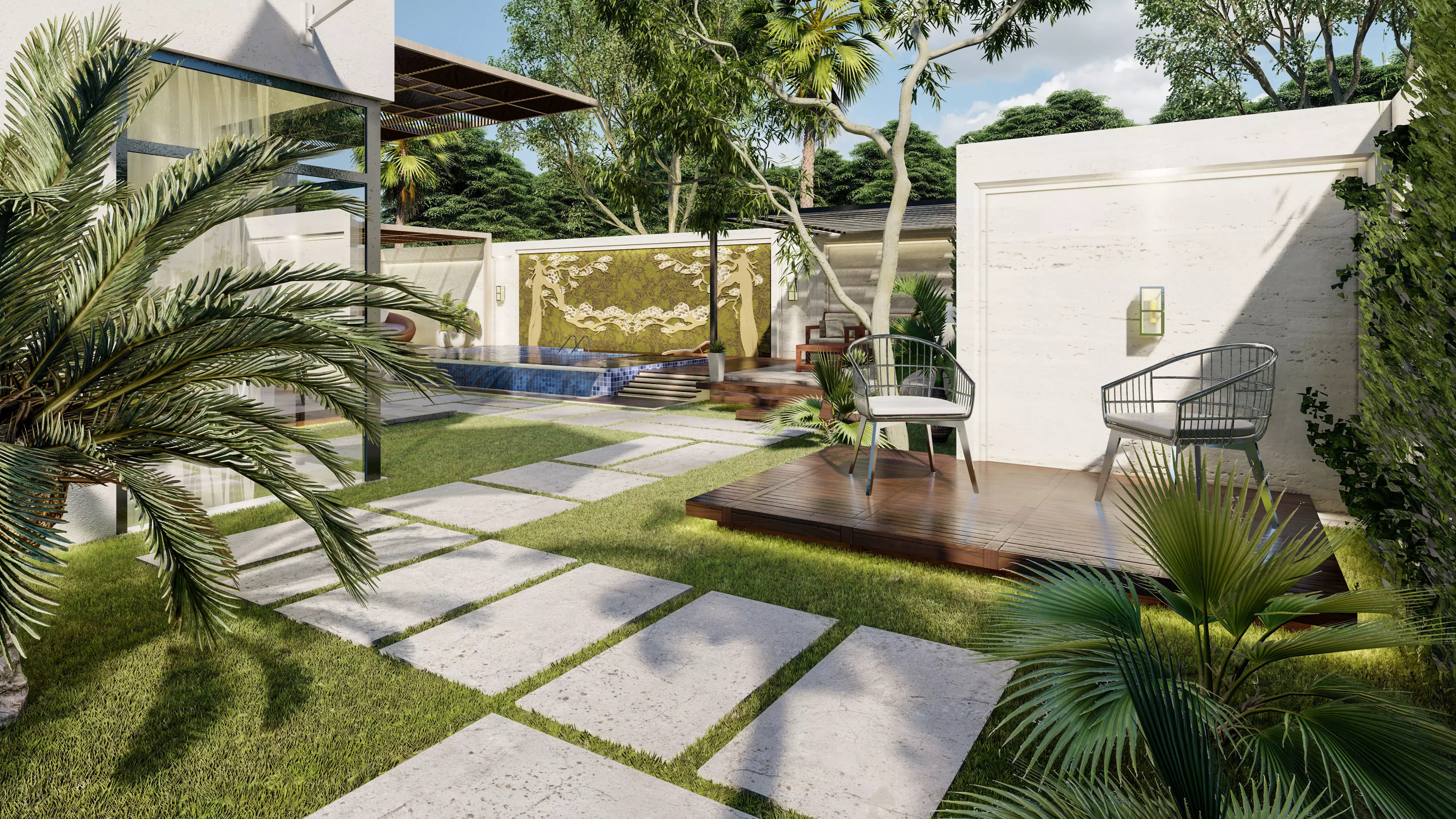 luxury backyard design with swimming pool 3D model_0