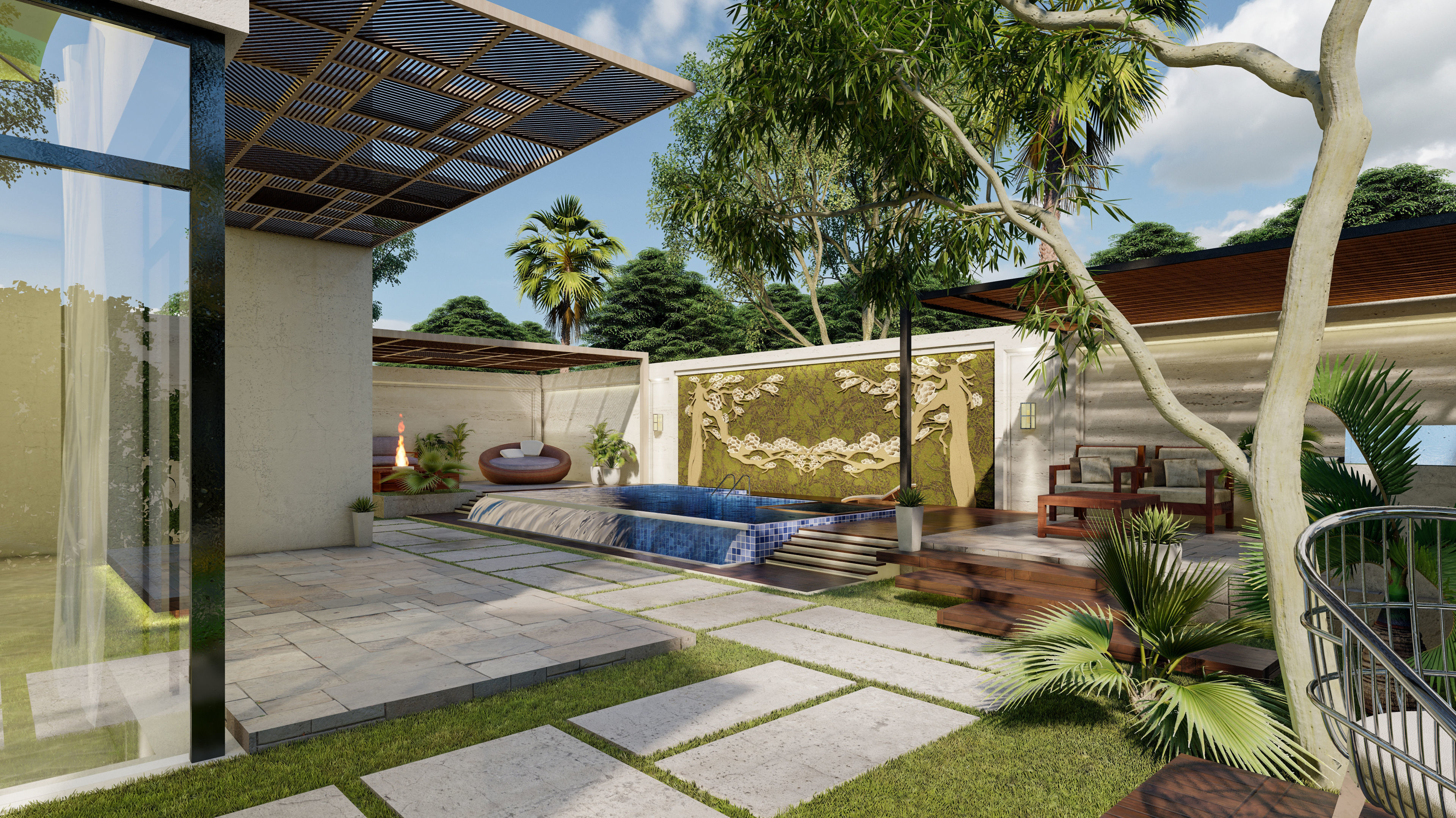 luxury backyard design with swimming pool 3D model_5